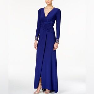 Vince Camuto Size 4 Long-Sleeve Embellished Faux-Wrap Gown in Royal Blue